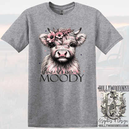 Just a Little Moody Highland Cow Pink Funny Graphic T-Shirt