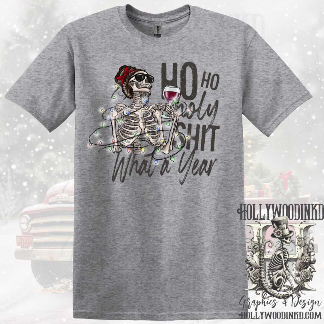 Ho Ho Ho Holy Sht What A Year Wine Mom's Sarcastic Funny Christmas Graphic T-Shirt